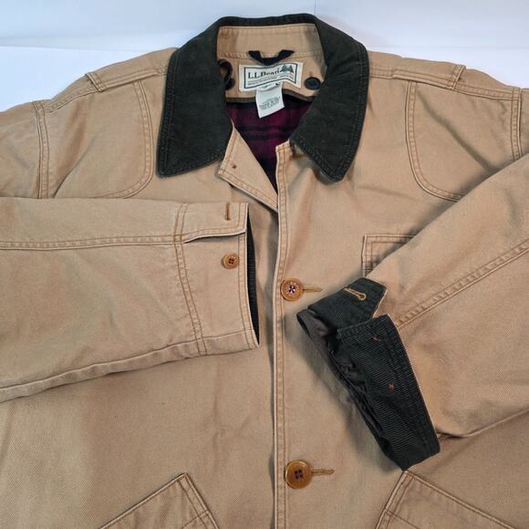 Vintage LL BEAN Tan Chore Jacket XL Canvas Barn Coat Removable Plaid Lining - Picture 2 of 16
